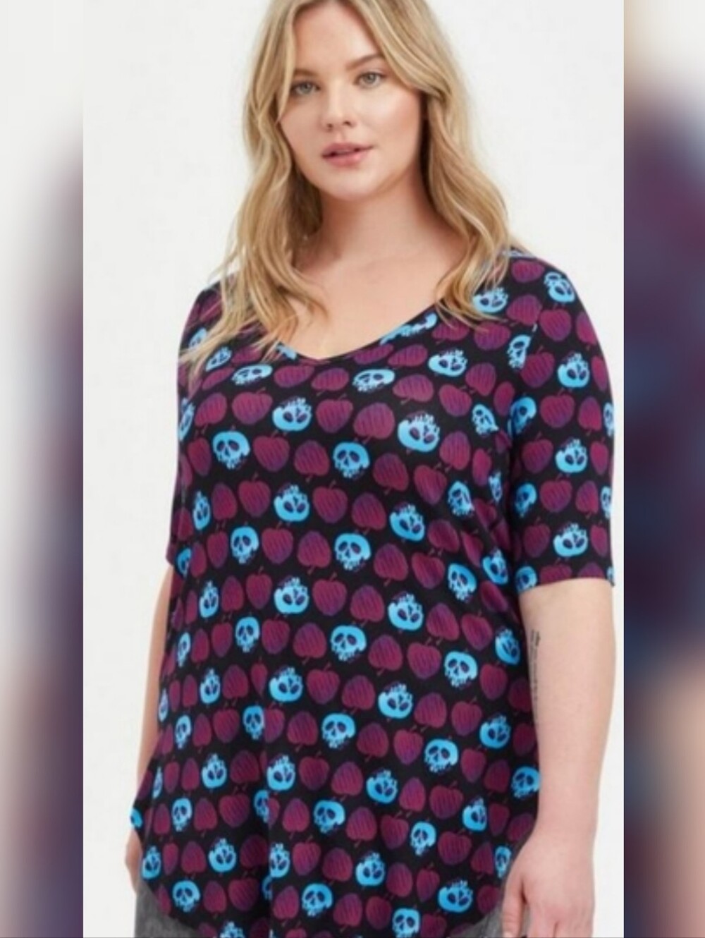 Disney Black Short-Sleeve V-Neck Top with Blue & Purple Skull Print